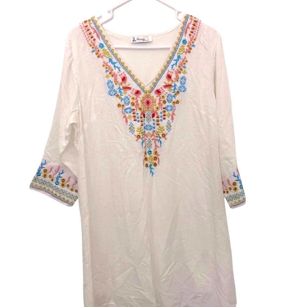 Lapogee Embroidered Slip Dress Boho  3/4 Sleeves Lined Floral Geometric Pattern